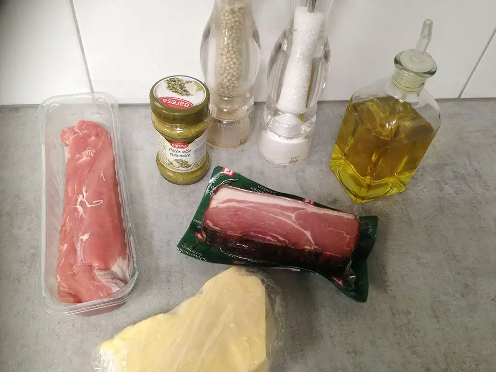 Pork tenderloin with pesto and schwarzwalder schinken ingredients