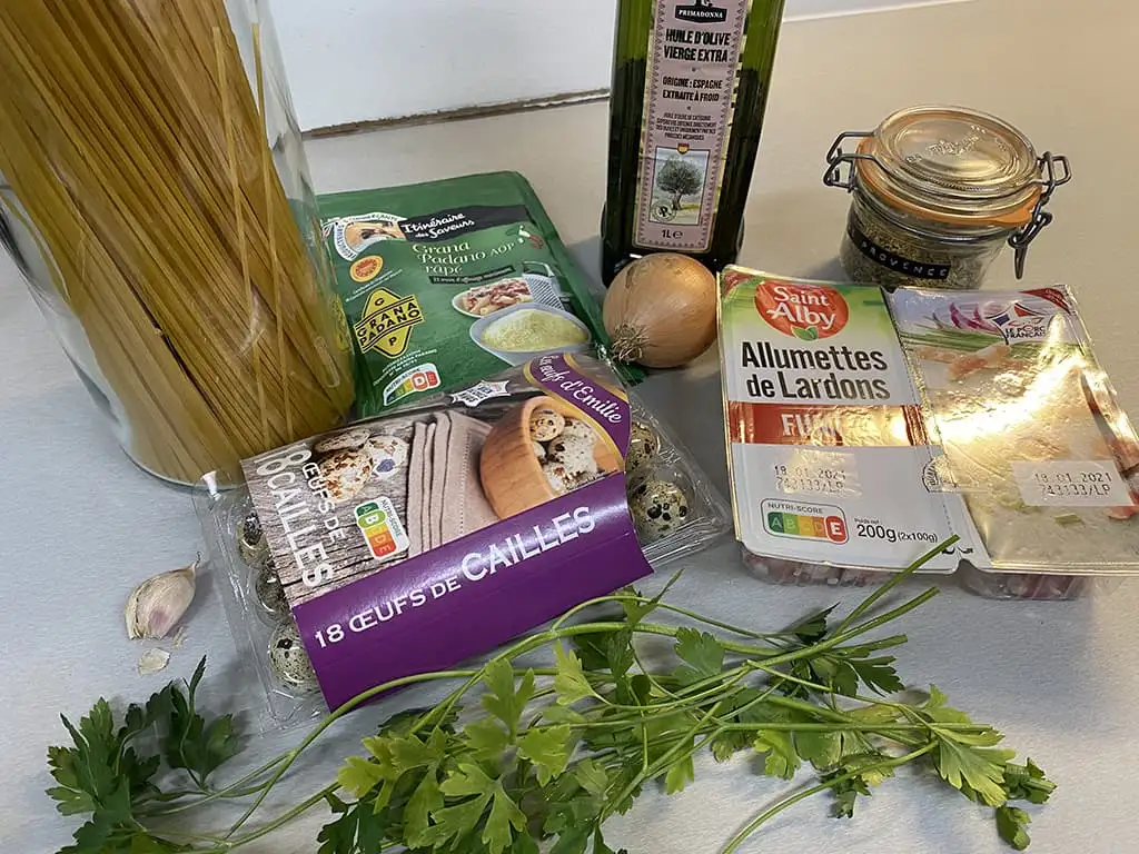 Pasta bird's nest with quail eggs ingredients