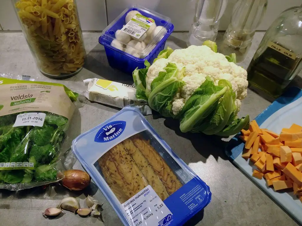 Smoked mackerel and sweet potato pasta ingredients