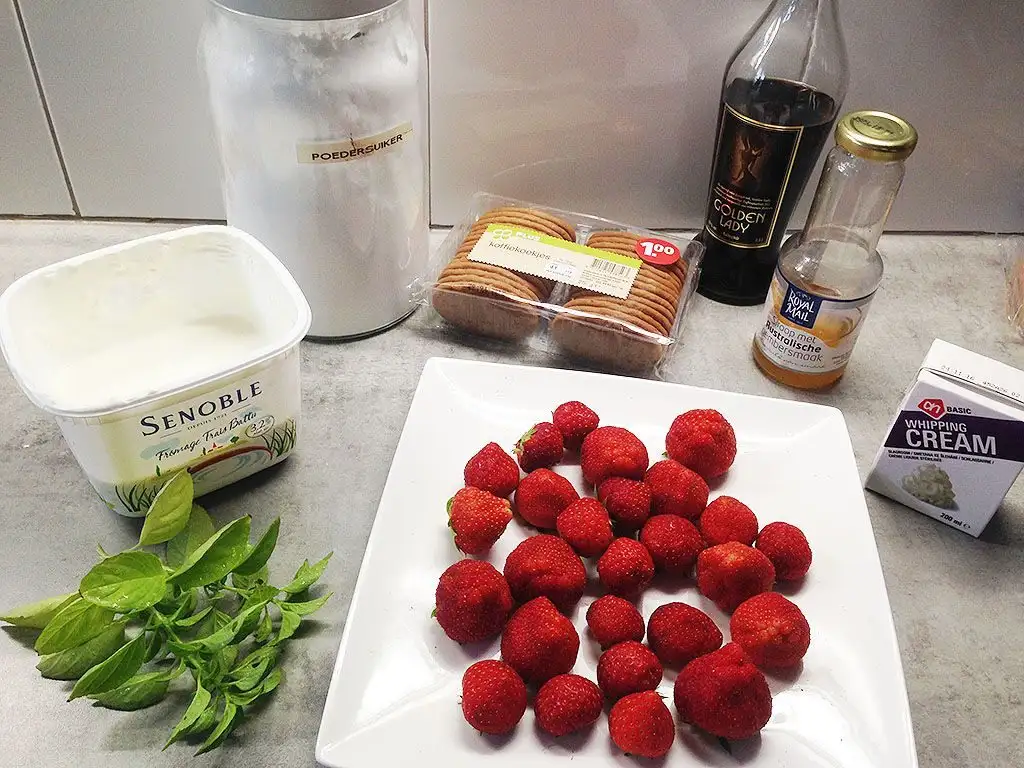 Quark, strawberry, and coffee dessert ingredients