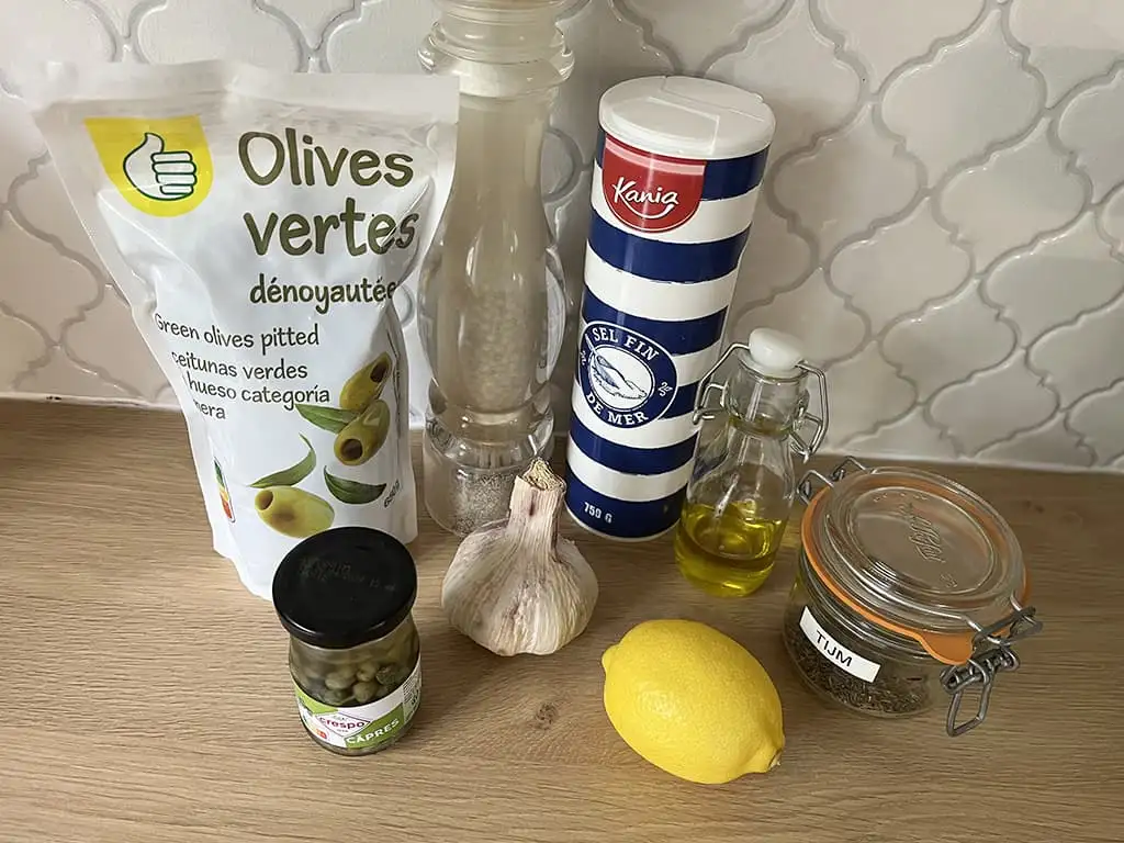 Olive tapenade with garlic and capers ingredients