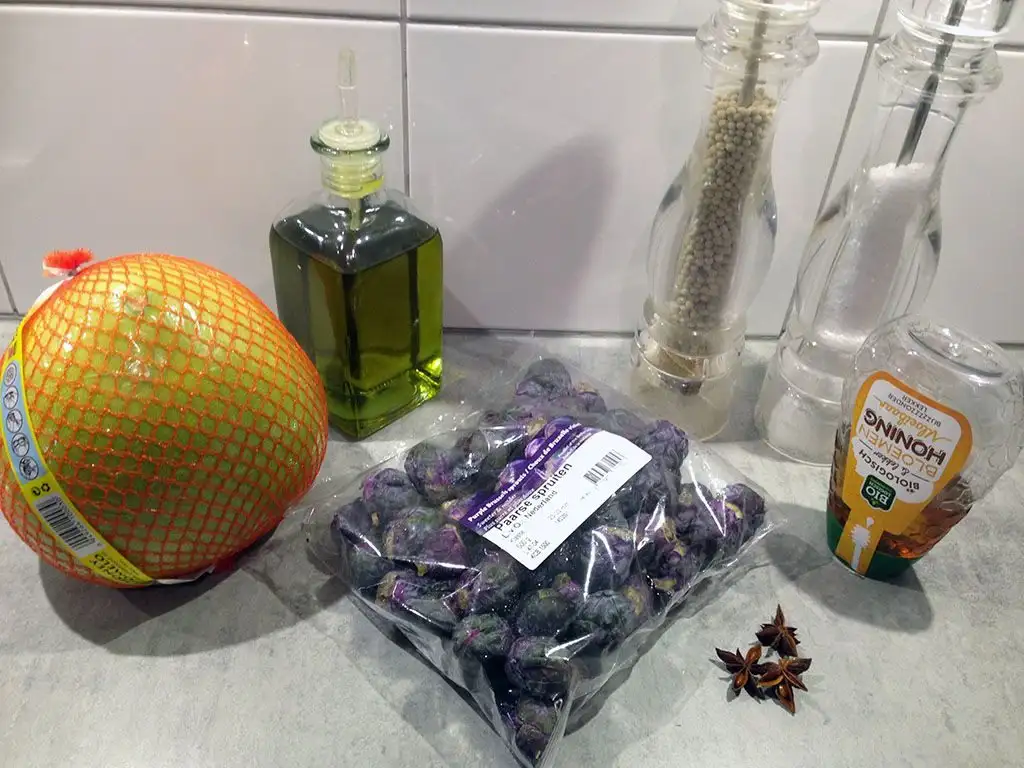 Oven-roasted purple Brussels sprouts and pomelo ingredients