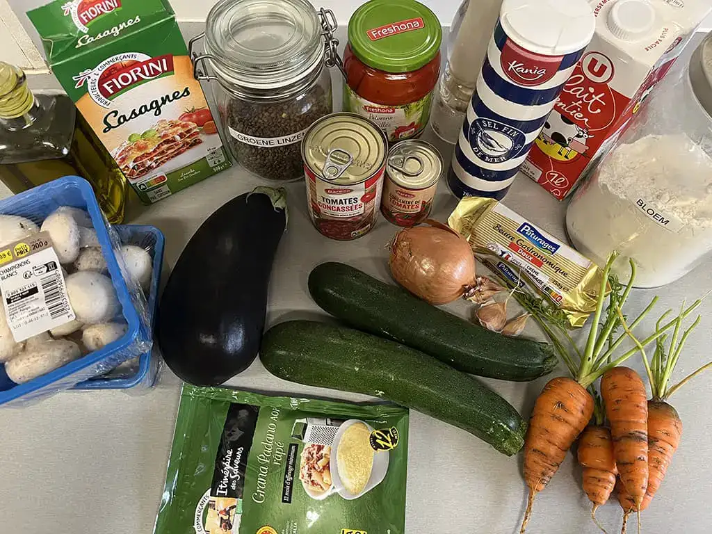 Lentil and vegetable lasagne ingredients