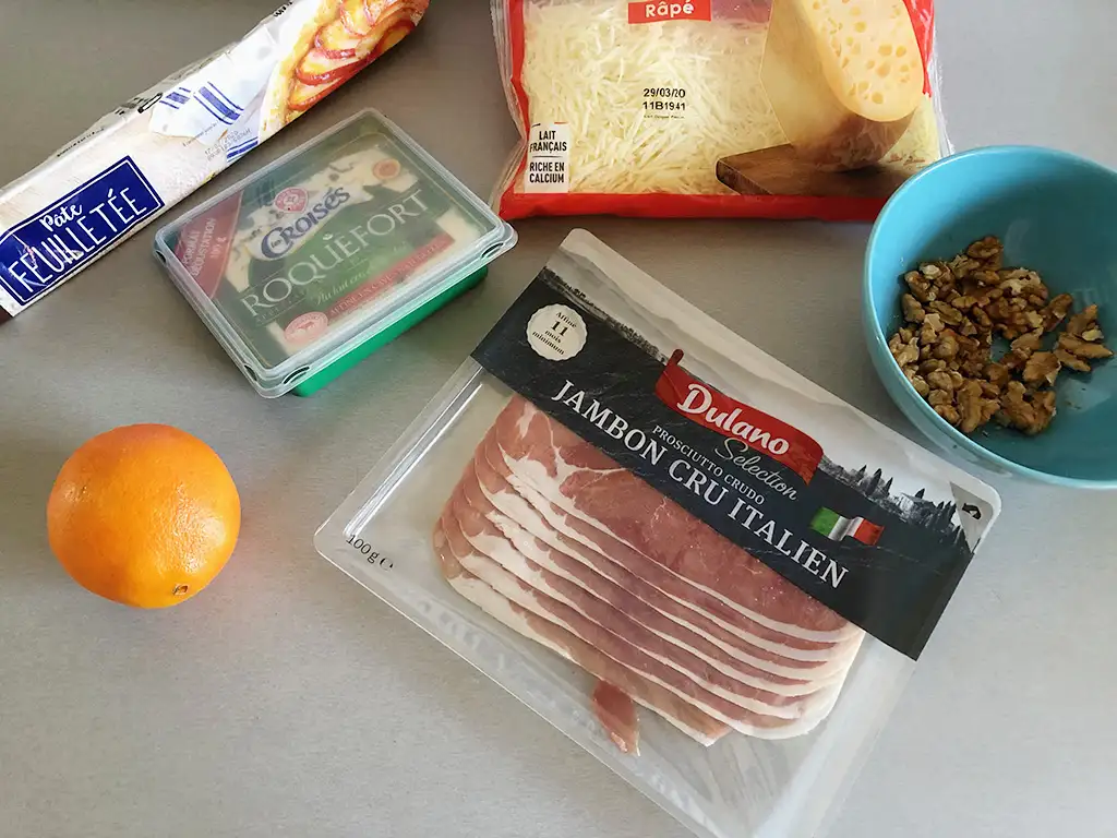 Blue cheese and walnut puff pastry tart ingredients