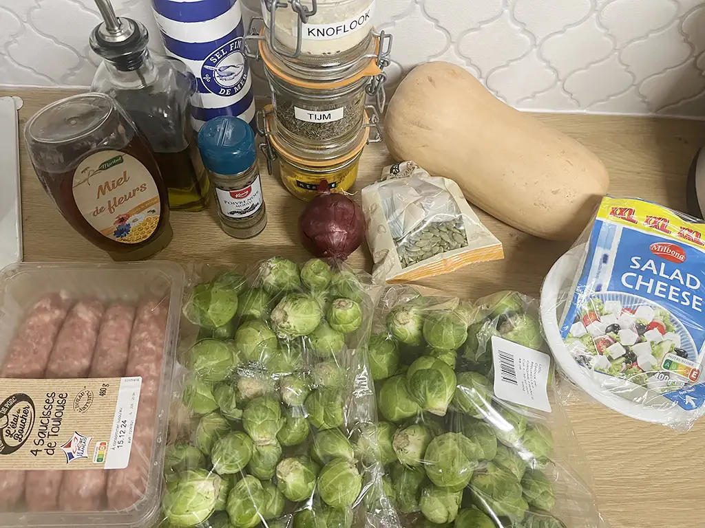 Brussels sprouts and pumpkin traybake ingredients