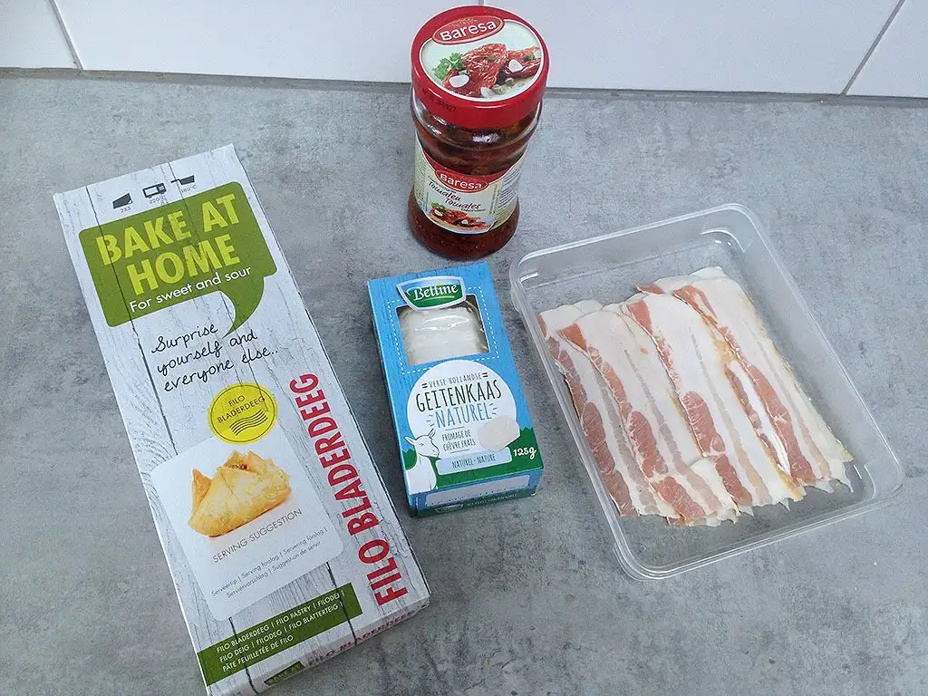 Phyllo dough with goat cheese and bacon ingredients