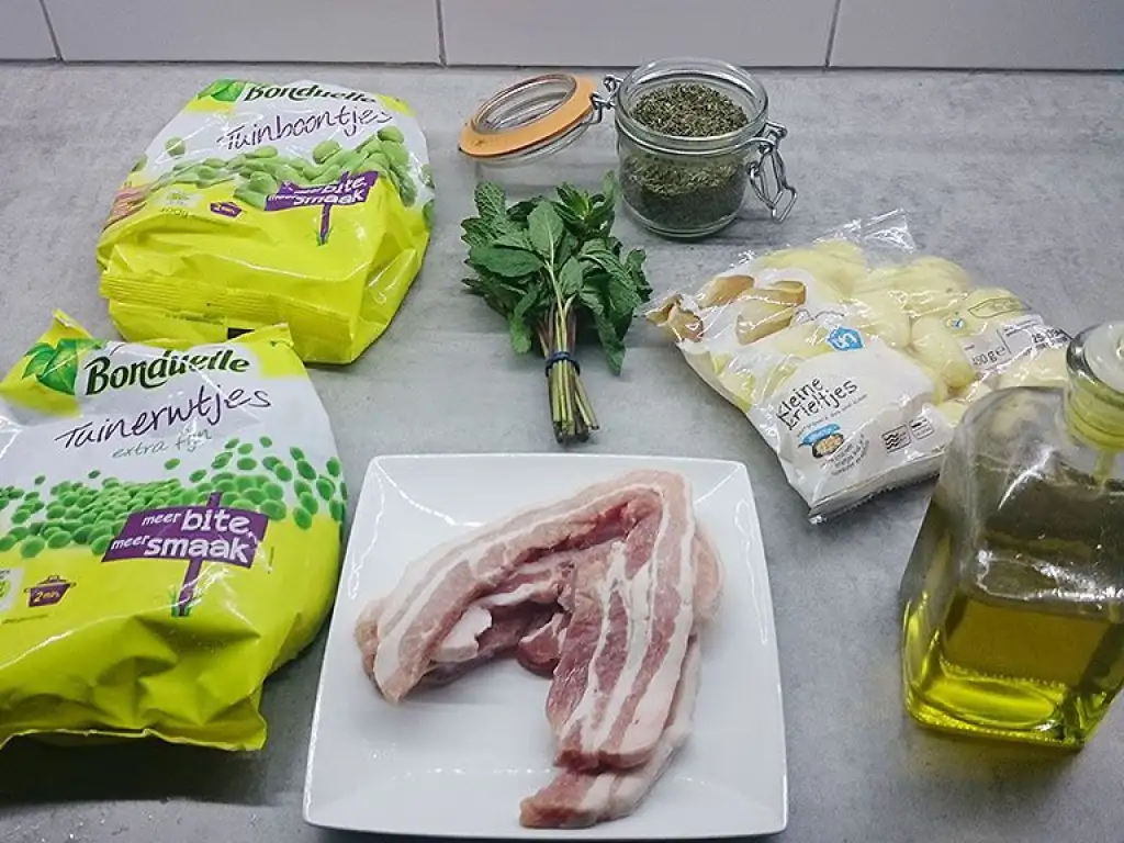 Pork belly slices and broad bean potato salad ingredients
