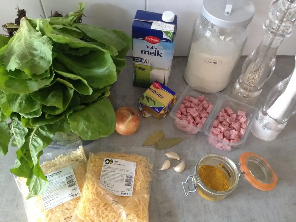 Escarole oven dish with ham and cheese ingredients
