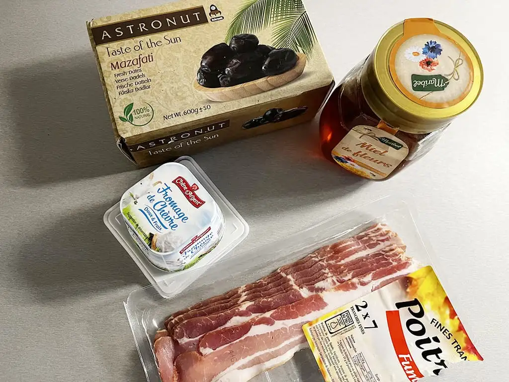 Goat's cheese stuffed dates with bacon ingredients