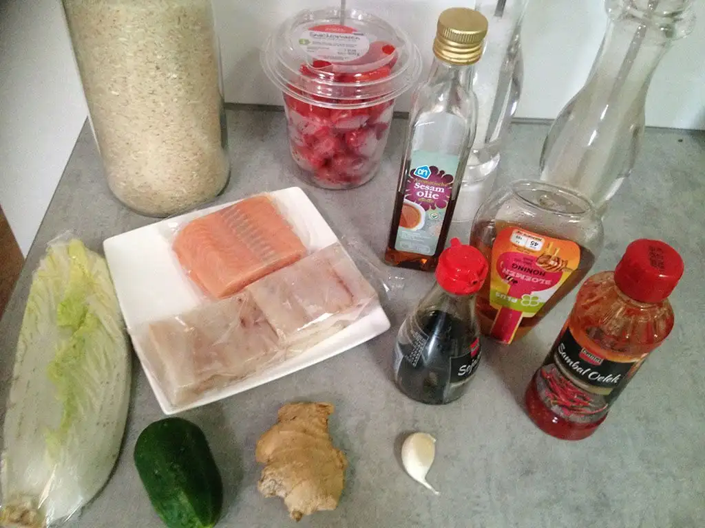 Salmon and coalfish rice salad ingredients