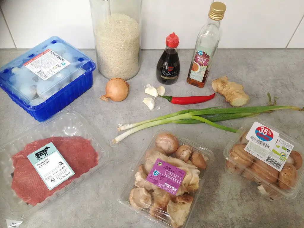 Rice with mushrooms, beef and soy sauce ingredients