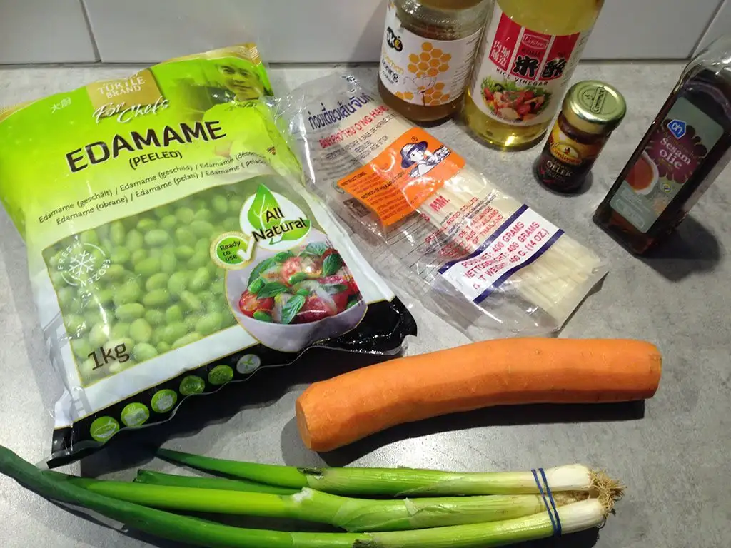 Noodle and edamame salad ingredients