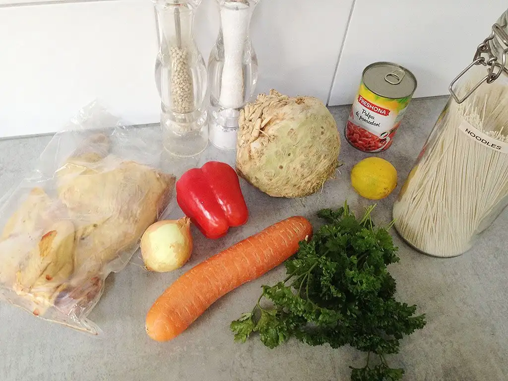 Traditional Romanian chicken noodle soup ingredients