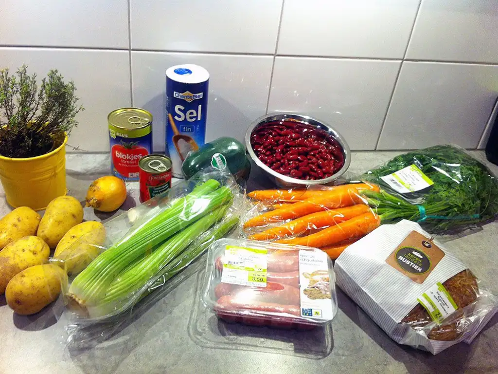 Vegetable, bean and sausage soup ingredients