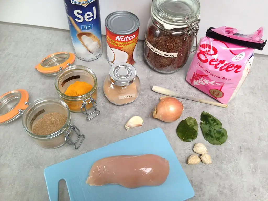 Lemper ayam -- sticky rice with chicken filling ingredients