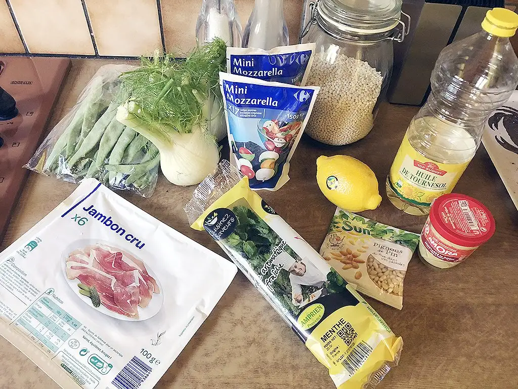 Pearl couscous, mozzarella and fennel salad ingredients