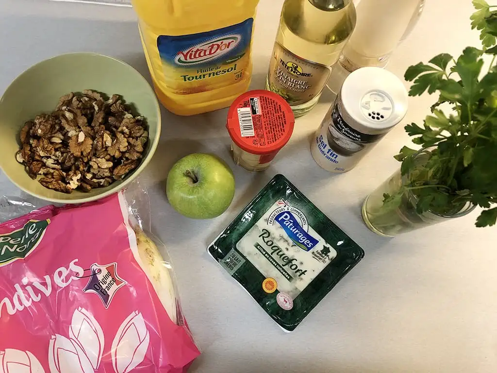 Blue cheese, walnut and chicory salad ingredients