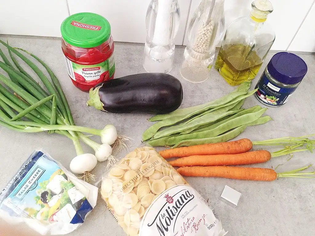 Orecchiette pasta salad with flat beans and spring onions ingredients