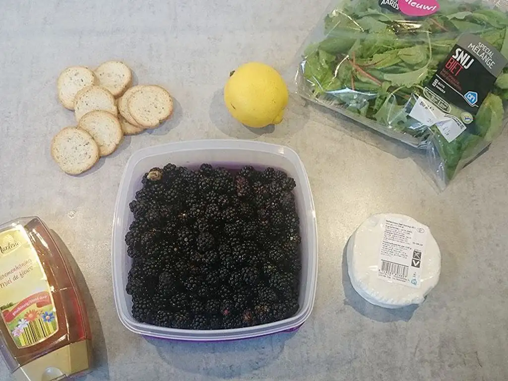 Wild blackberry crostini with goat cheese ingredients