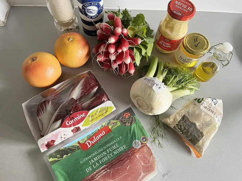 Valentine's day Salad with Endive, Grapefruit and Fennel ingredients