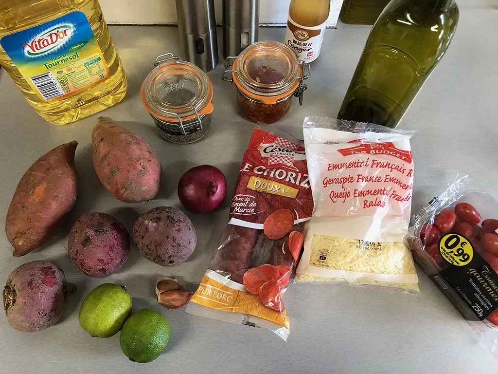 Sweet potato, chorizo and chioggia beet salad ingredients