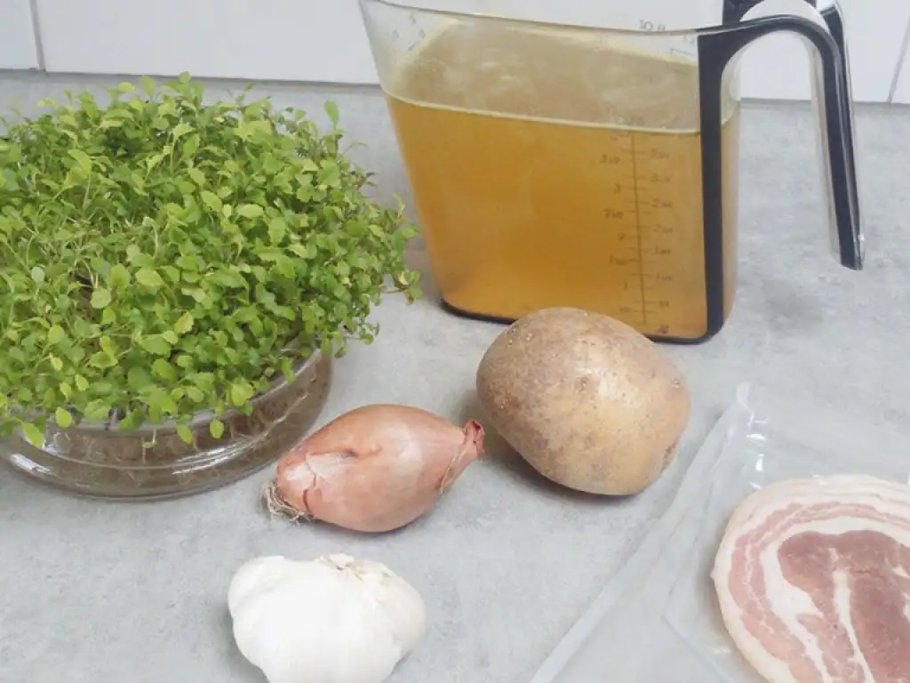 Roasted garlic and watercress soup ingredients