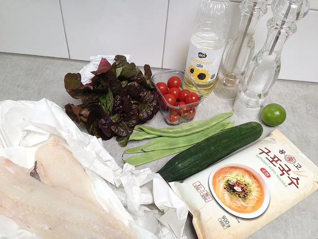 Cod, flat beans and noodle spring salad ingredients