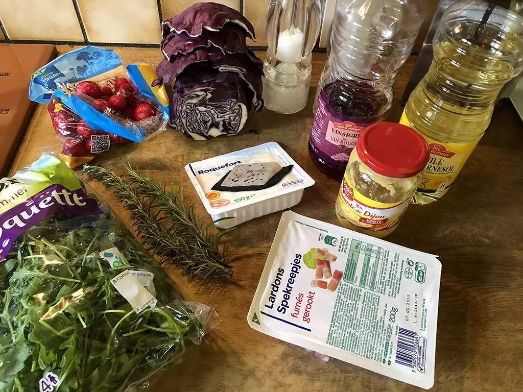 Sauteed red cabbage and blue cheese salad ingredients