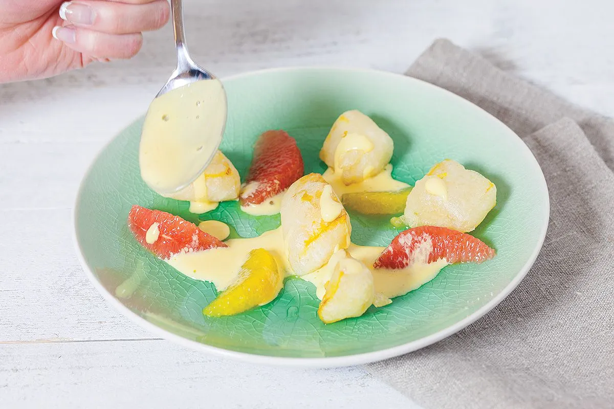 Mango tempura with citrus sabayon