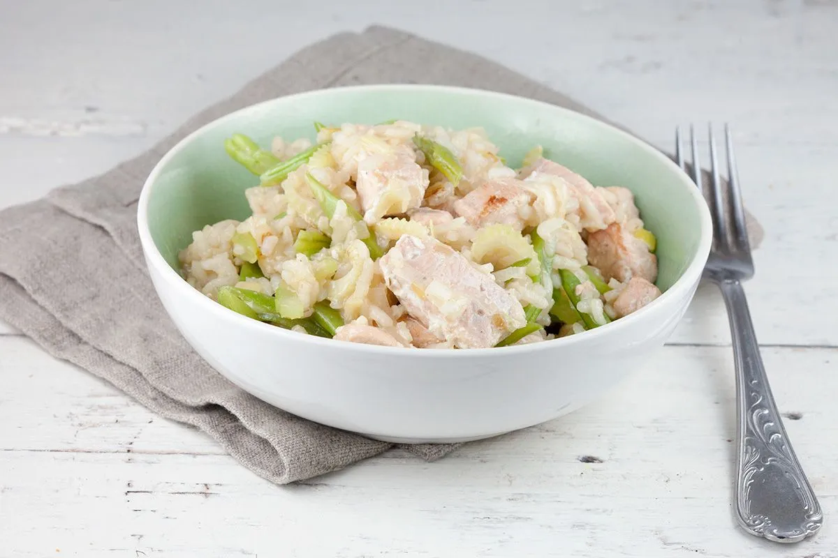 Salmon and flat bean risotto