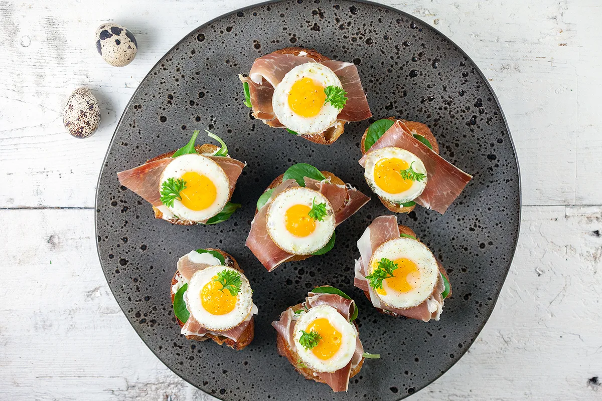 Ham and quail egg bruschetta