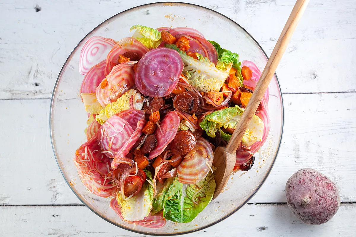 Sweet potato, chorizo and chioggia beet salad