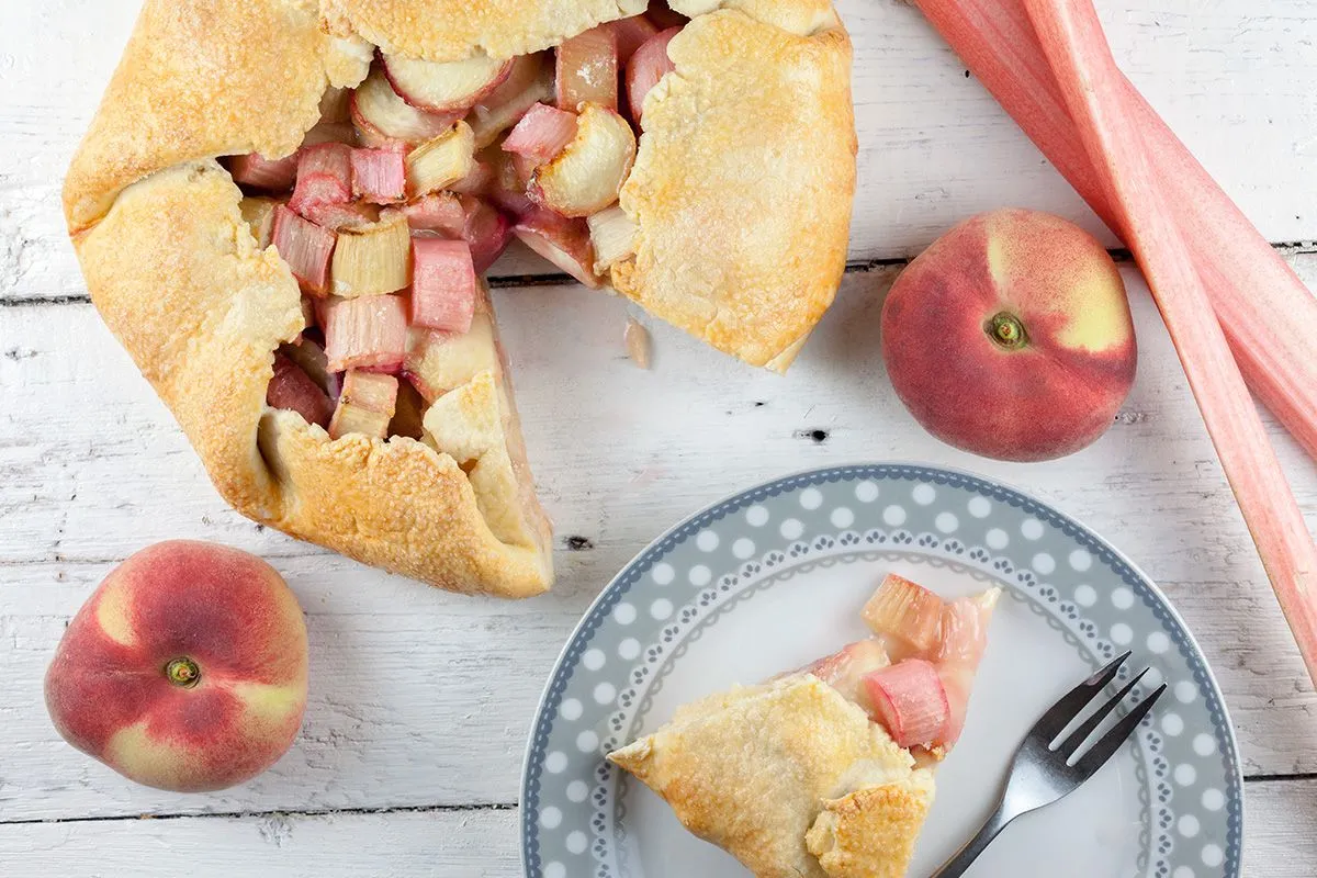 Rhubarb and wild peach galette
