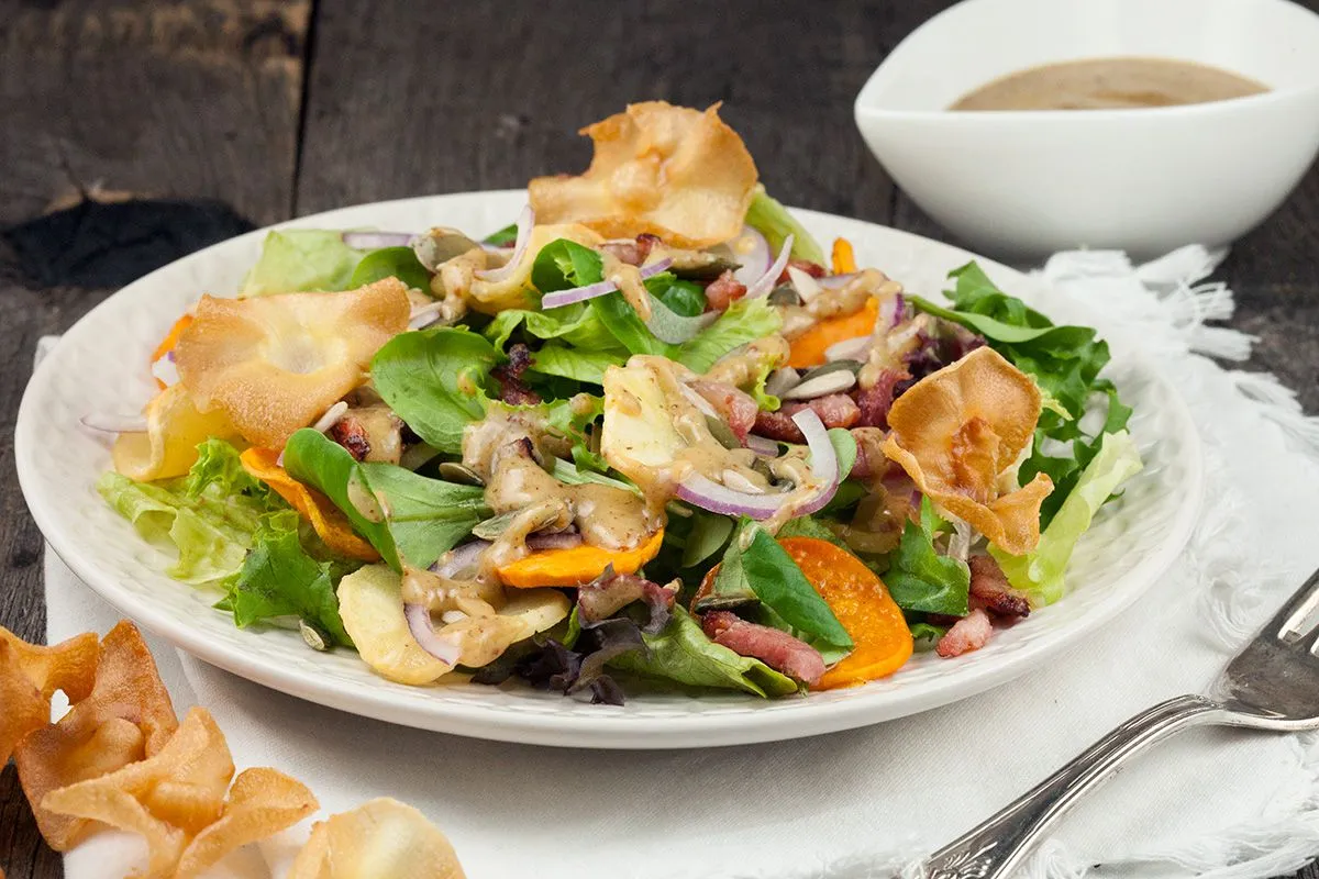 Autumn salad with warm coarse mustard dressing