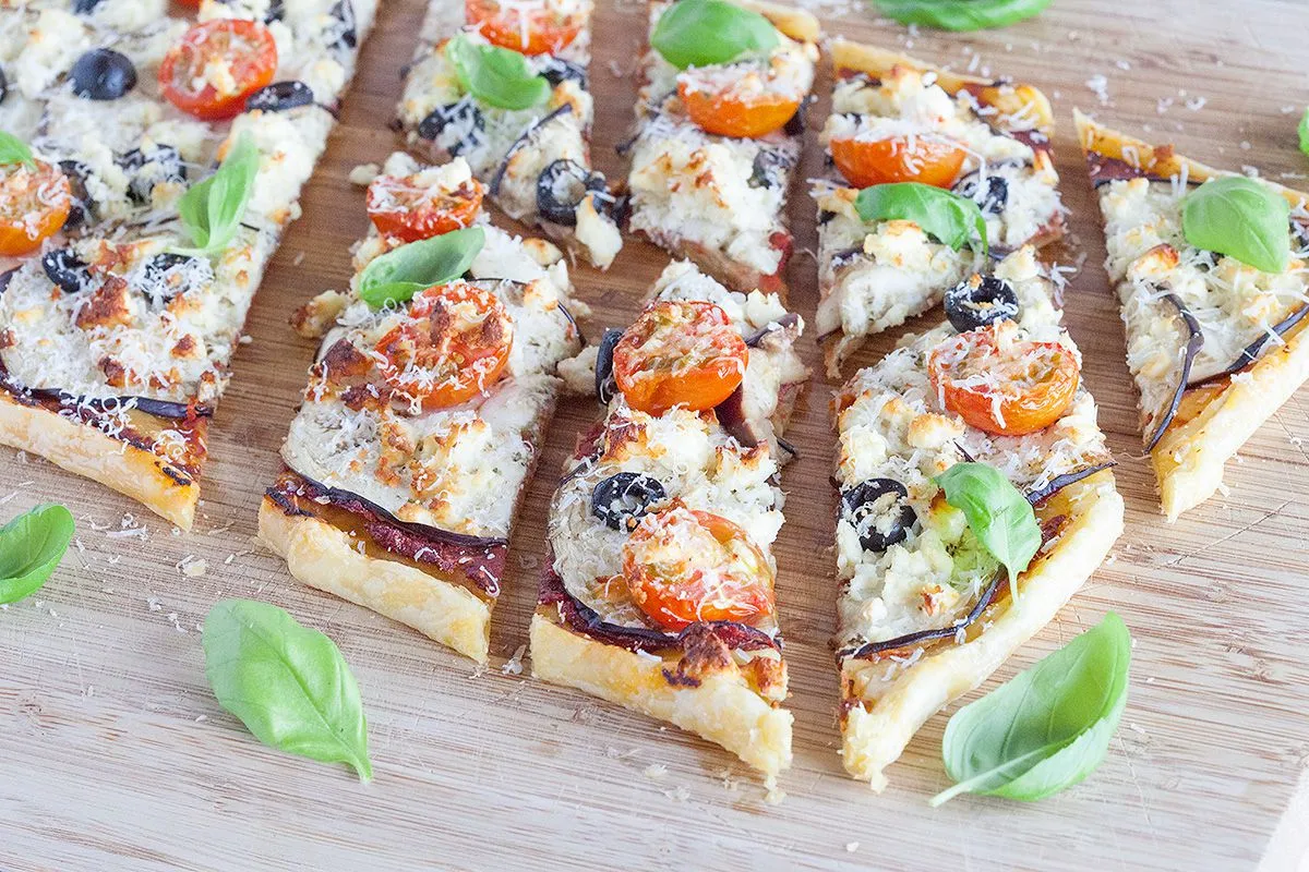Eggplant and basil puff pastry tart