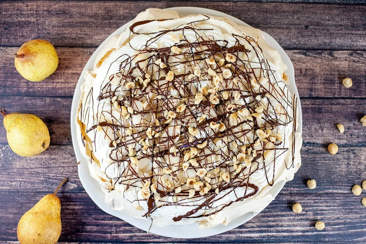 Pear and hazelnut pavlova