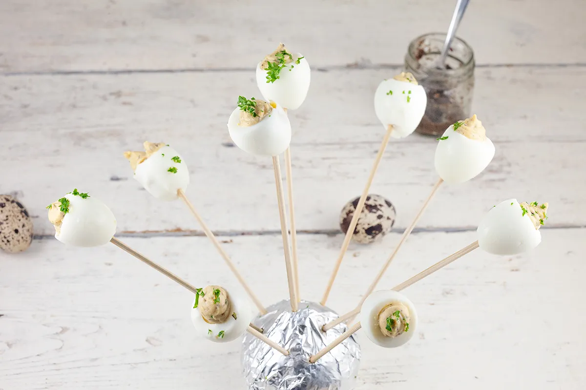 Truffle stuffed quail eggs