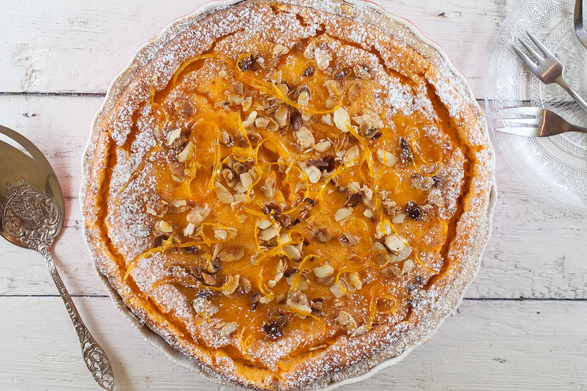 Pumpkin pie with candied orange and caramelised almonds