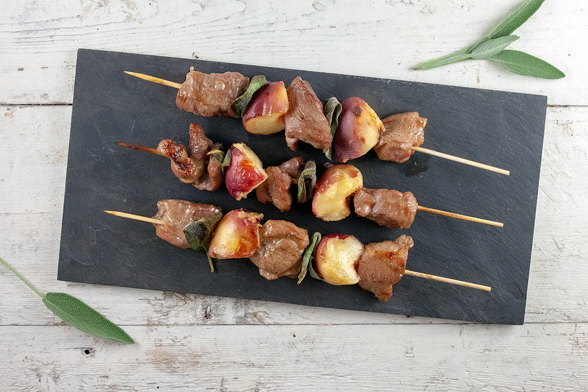 Pork and peach kebabs