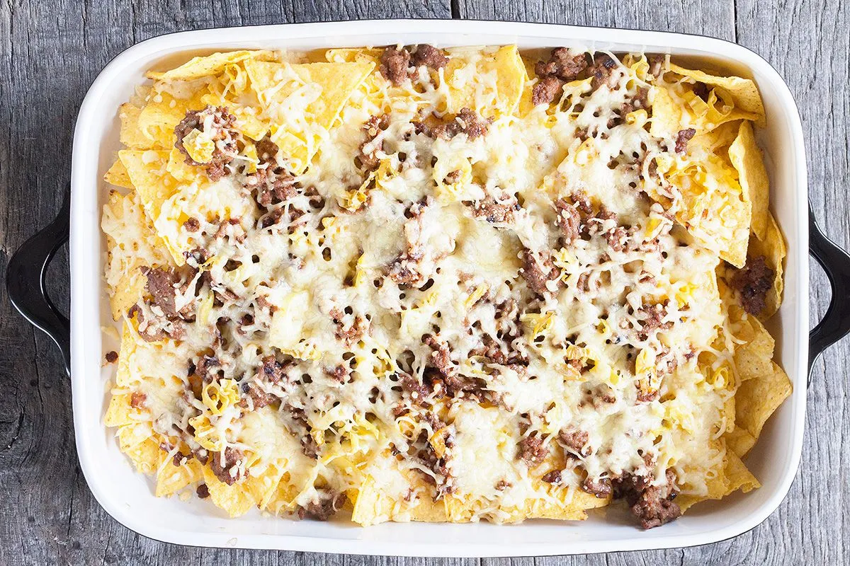 Baked nachos with cheese and peppers