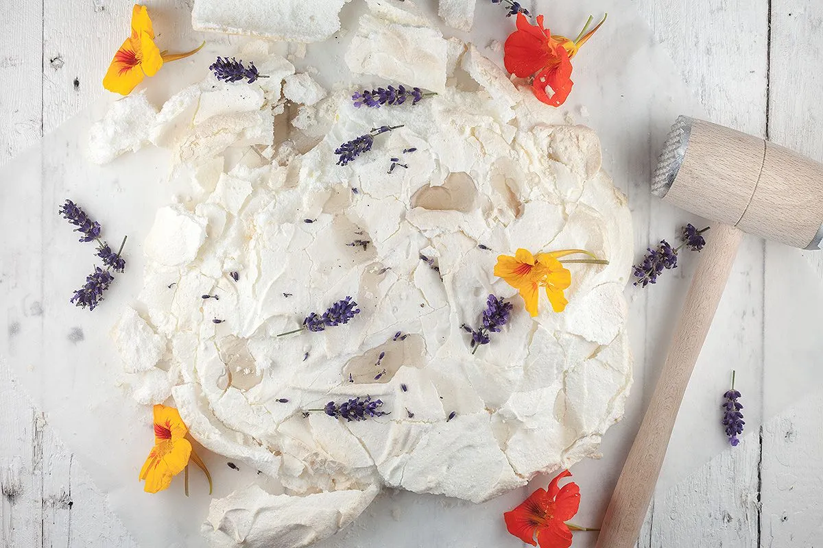 Lemon Pavlova with lavender syrup