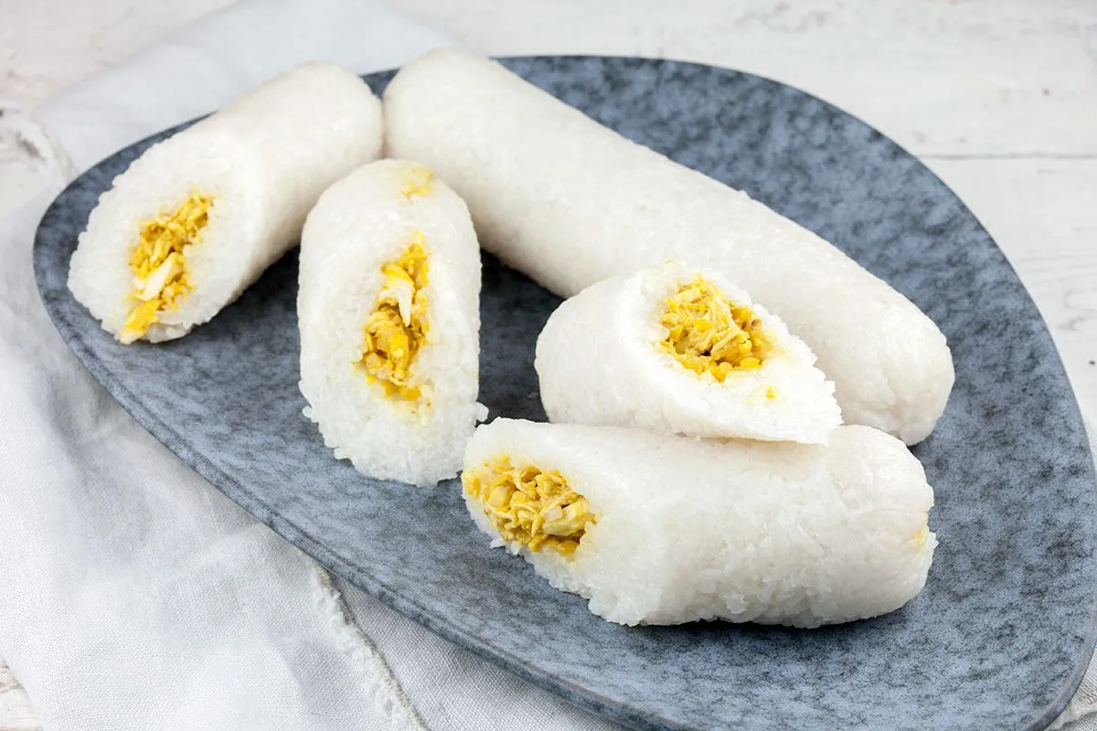 Lemper ayam -- sticky rice with chicken filling