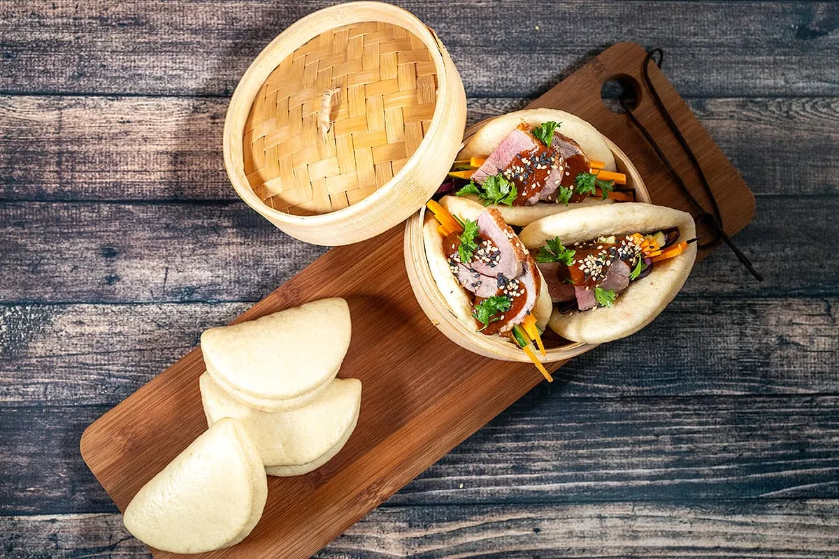 Duck bao buns with hoisin sauce