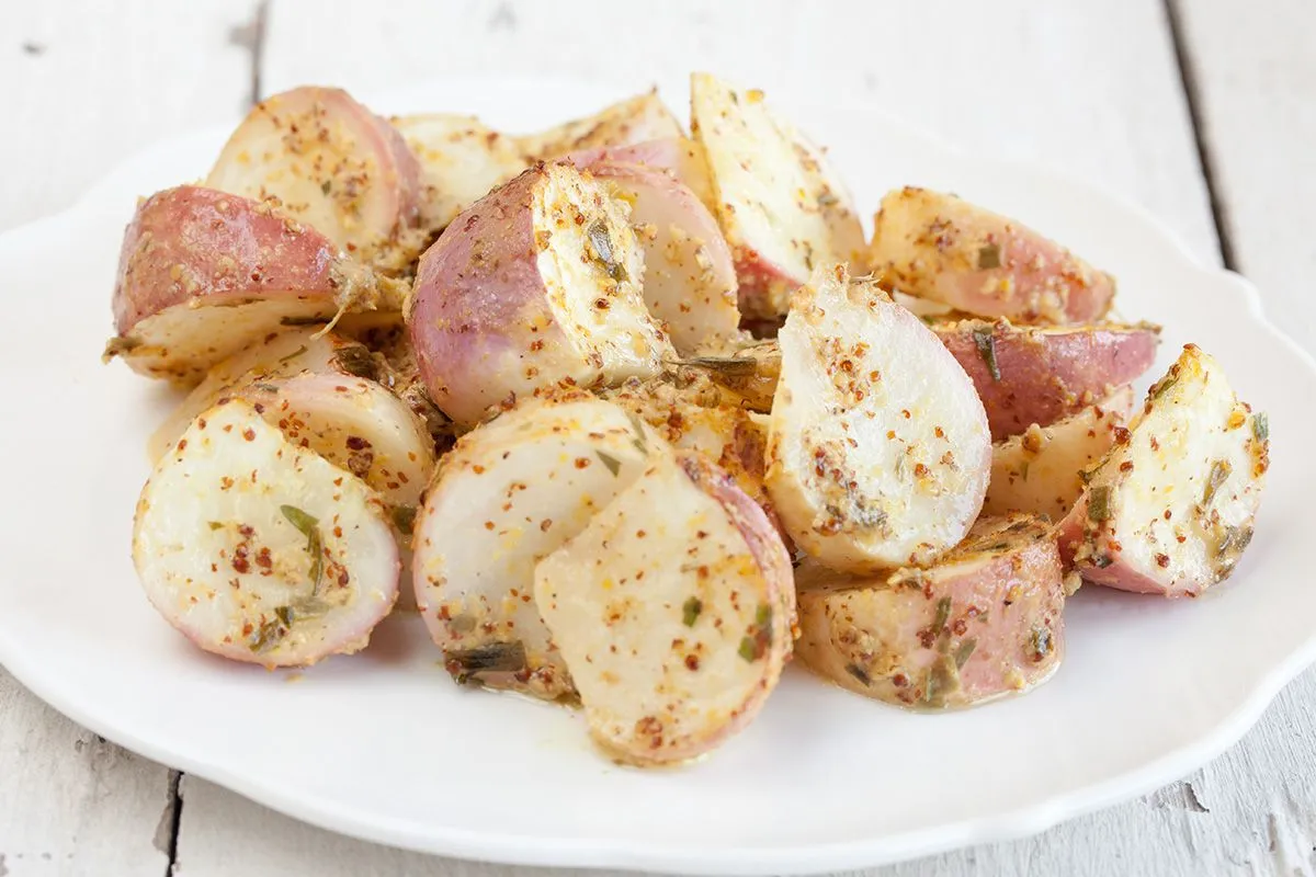Mustard coated turnip quarters