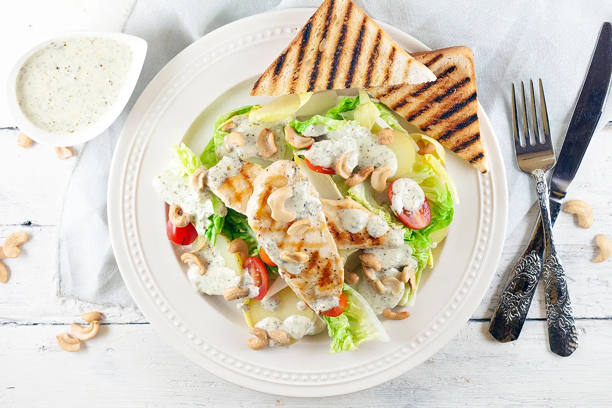 Chicken salad with pesto yogurt dressing