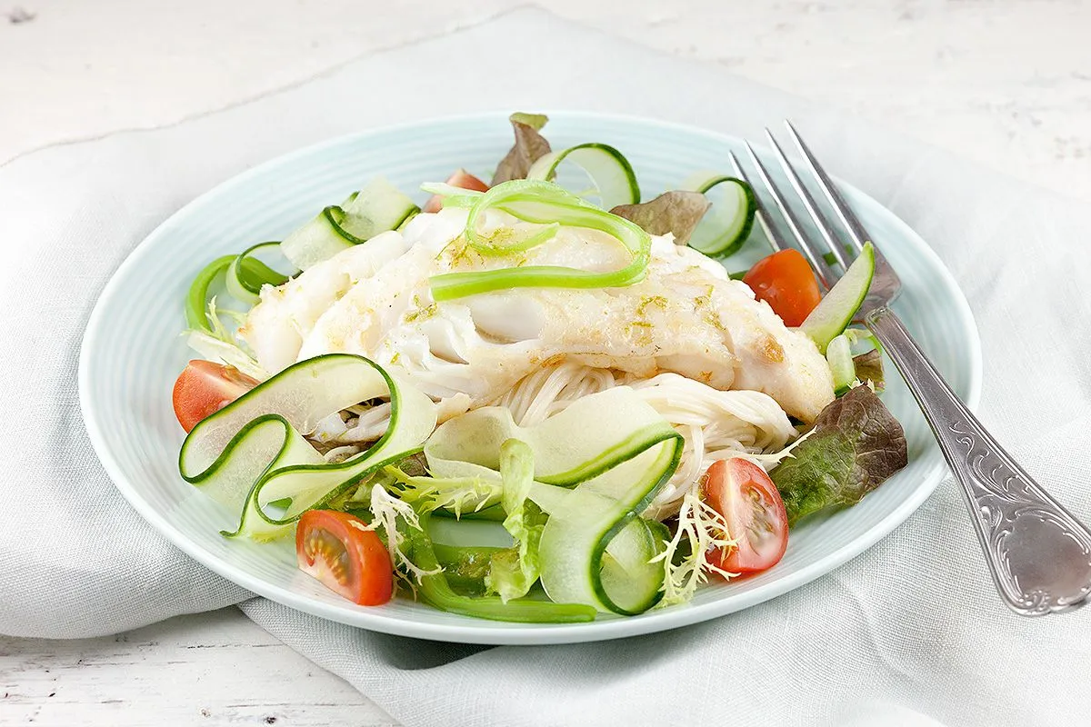 Cod, flat beans and noodle spring salad
