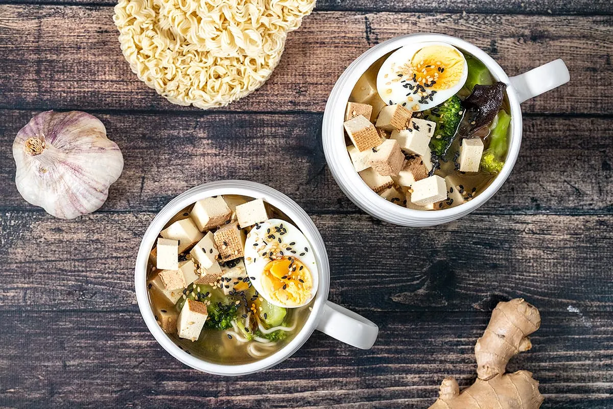 Tofu noodle soup with mushrooms and broccoli