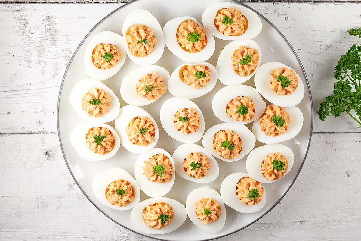 Roasted red pepper deviled eggs