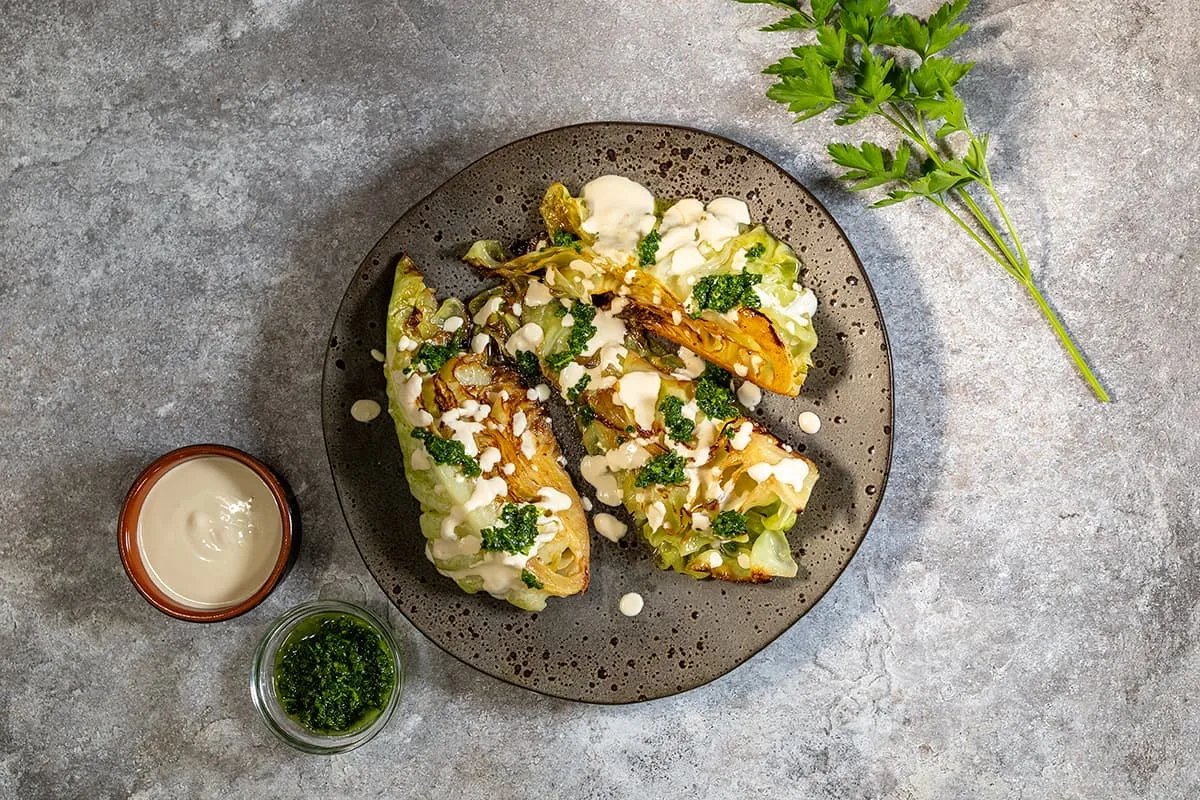 Pan-fried hispi cabbage with tahini sauce - an amazing side dish