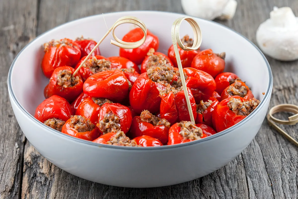 Stuffed peppadew peppers with chorizo and mushrooms